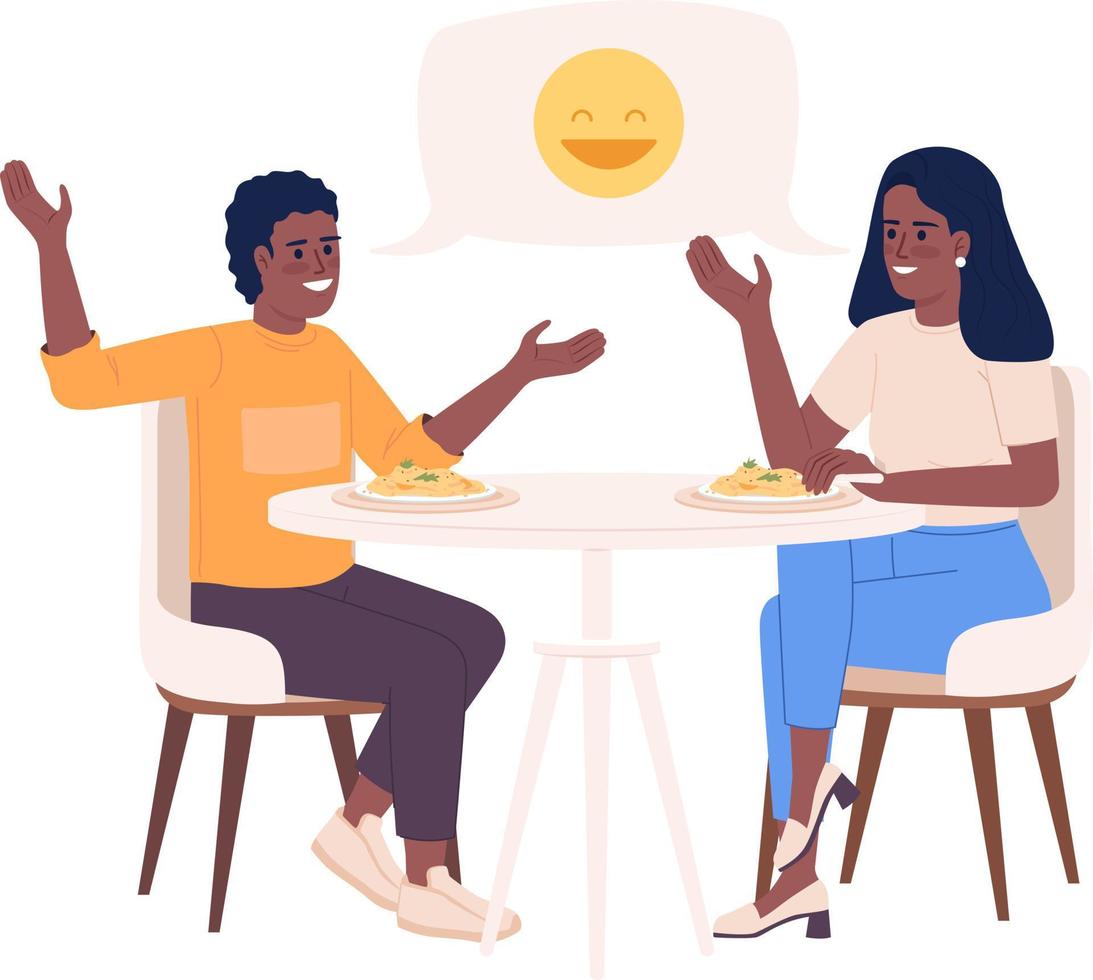 Mother with son talking and joking over meal semi flat color vector characters. Editable figures. Full body people on white. Simple cartoon style illustration for web graphic design and animation