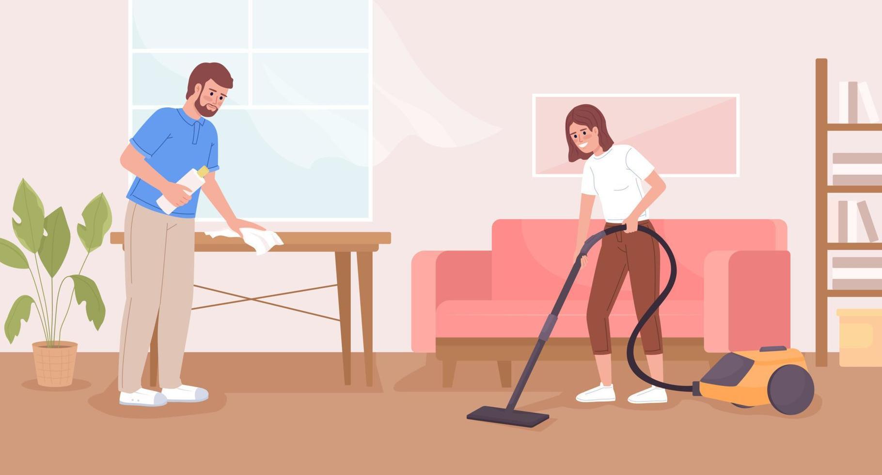 Sharing household responsibilities flat color vector illustration. Father and daughter doing housework together. Fully editable 2D simple cartoon characters with living room interior on background