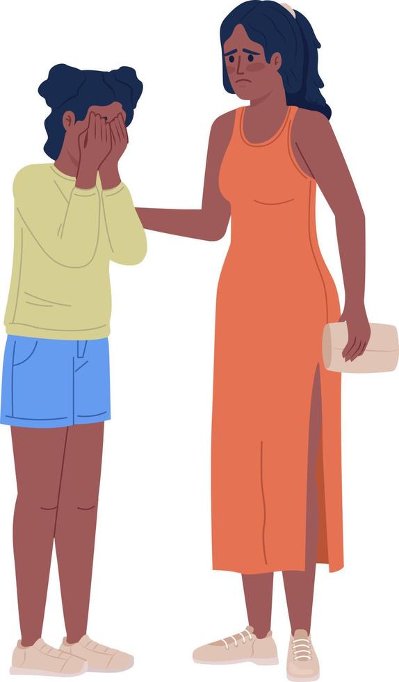Empathic mother trying to comfort crying daughter semi flat color vector characters. Editable figures. Full body people on white. Simple cartoon style illustration for web graphic design and animation