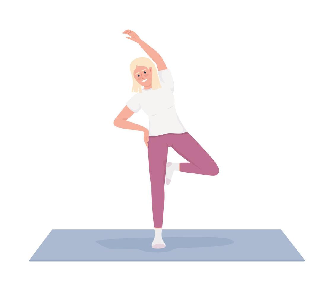 Blond young woman warming up on yoga mat semi flat color vector character. Editable figure. Full body person on white. Simple cartoon style illustration for web graphic design and animation