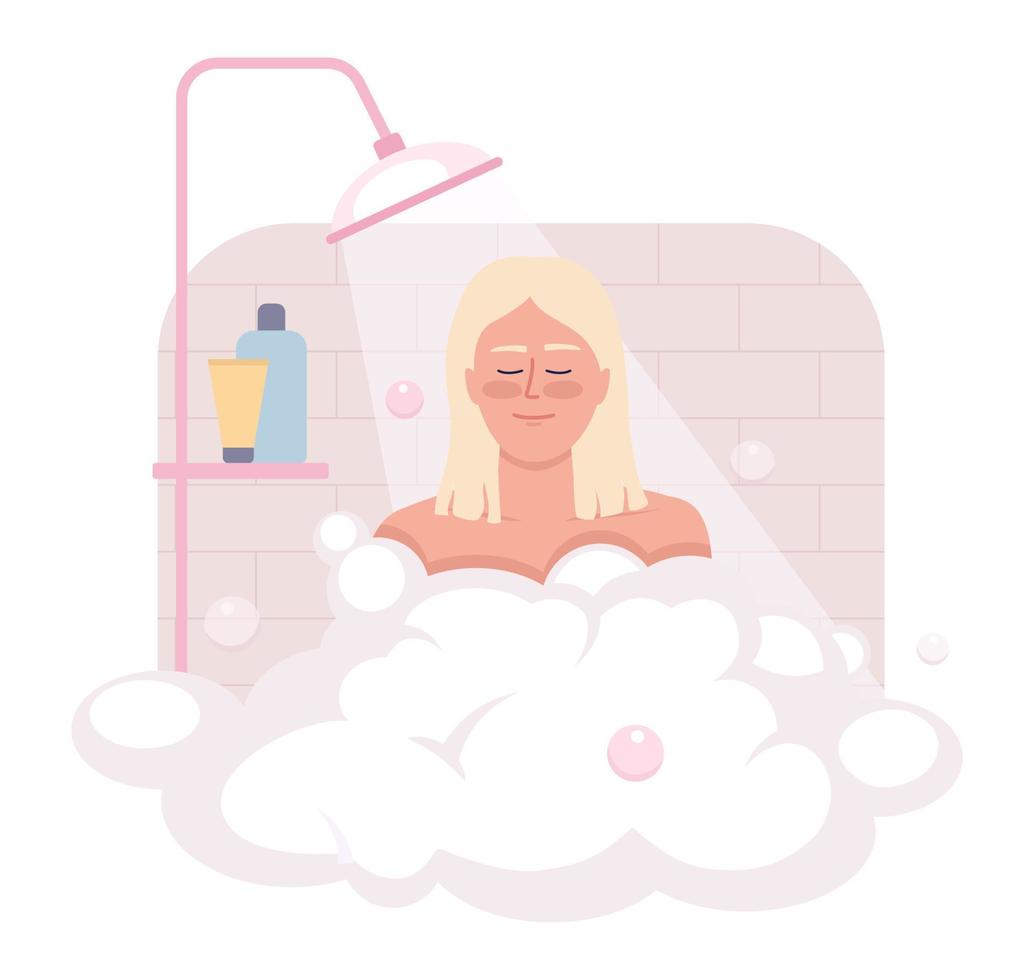 Taking shower after waking up 2D vector isolated illustration. Happy blond woman bathing with bubbles flat character on cartoon background. Colorful editable scene for mobile, website, presentation