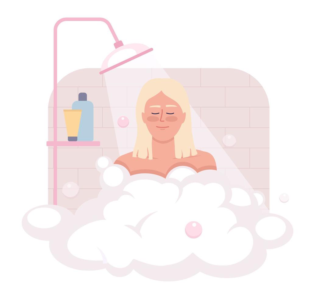 tomando ducha después despertar arriba 2d vector aislado ilustración. contento rubio mujer baños con burbujas plano personaje en dibujos animados antecedentes. vistoso editable escena para móvil, sitio web, presentación