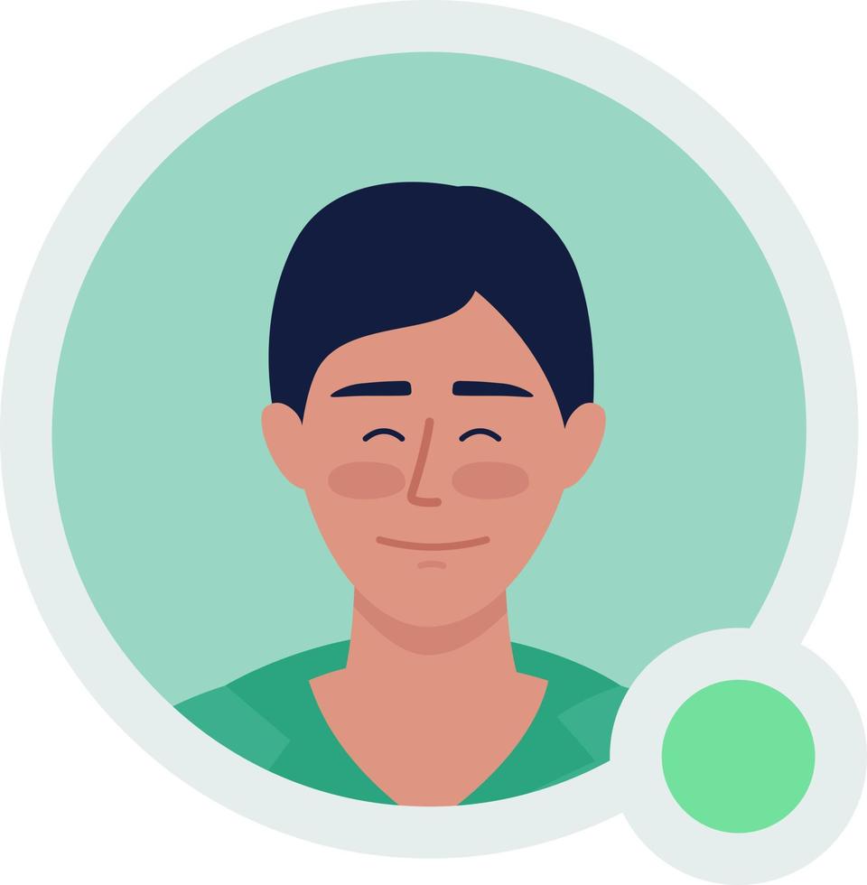 Cheerful neat man flat vector avatar icon with green dot. Editable default persona for UX, UI design. Profile character picture with online status indicator. Color messaging app user badge