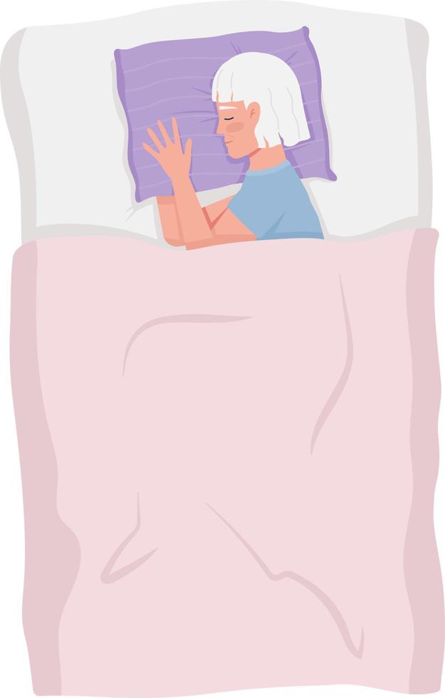 Elderly woman lying on bed comfortably semi flat color vector character. Editable figure. Full body person on white. Simple cartoon style illustration for web graphic design and animation