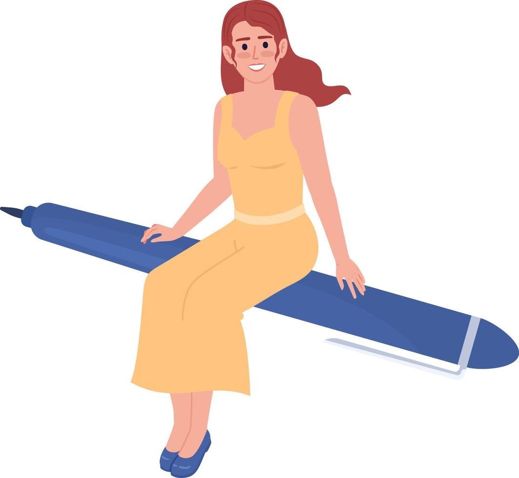 Happy female teacher flying on pen flat concept vector illustration. Editable 2D cartoon character on white for web design. Creative writer woman creative idea for website, mobile, presentation