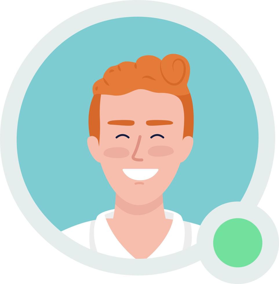 contento hombre con Rizado rojo pelo plano vector avatar icono con verde punto. editable defecto persona para ux, ui diseño. perfil personaje imagen con en línea estado indicador. color mensajería aplicación usuario Insignia