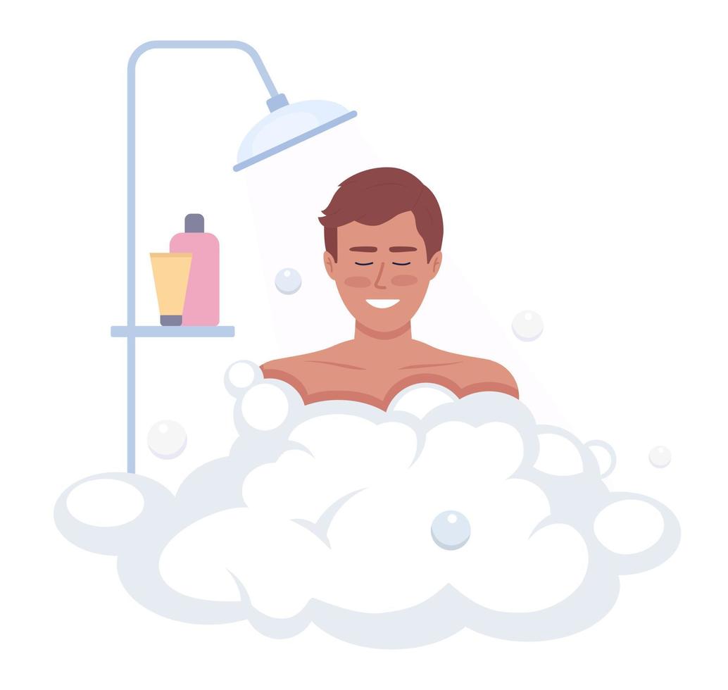 Pleased man enjoying shower with soap foam semi flat color vector character. Editable figure. Half body person on white. Simple cartoon style illustration for web graphic design and animation