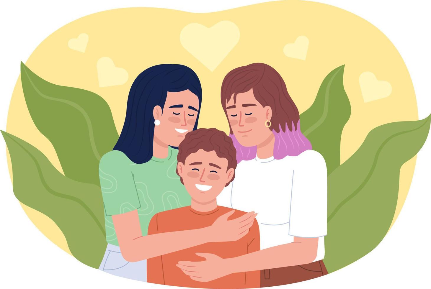 demostración familia amor a niño 2d vector aislado ilustración. madres abrazando sonriente hijo plano caracteres en dibujos animados antecedentes. vistoso editable escena para móvil, sitio web, presentación