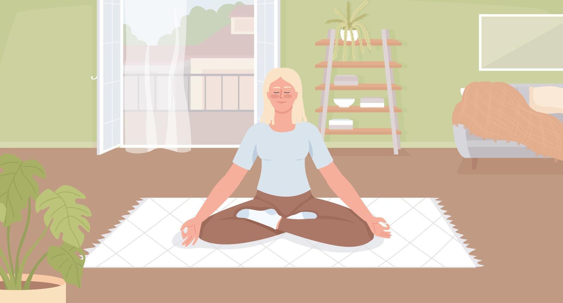 Morning meditation for self healing flat color vector illustration. Blond woman relaxing with closed eyes. Fully editable 2D simple cartoon character with cozy living room interior on background