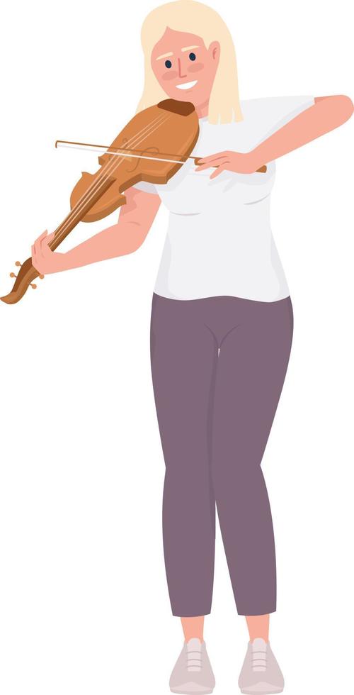 emocionado rubio mujer jugando violín con arco semi plano color vector personaje. editable cifra. lleno cuerpo persona en blanco. sencillo dibujos animados estilo ilustración para web gráfico diseño y animación