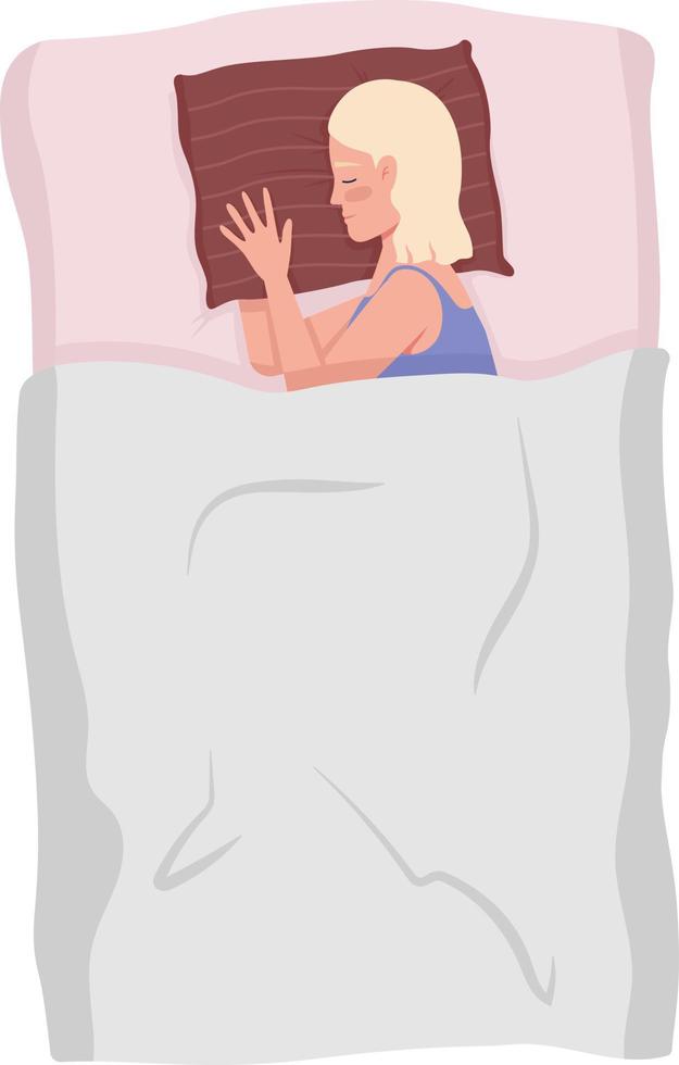 Female side sleeper lying on bed restfully semi flat color vector character. Editable figure. Full body person on white. Simple cartoon style illustration for web graphic design and animation