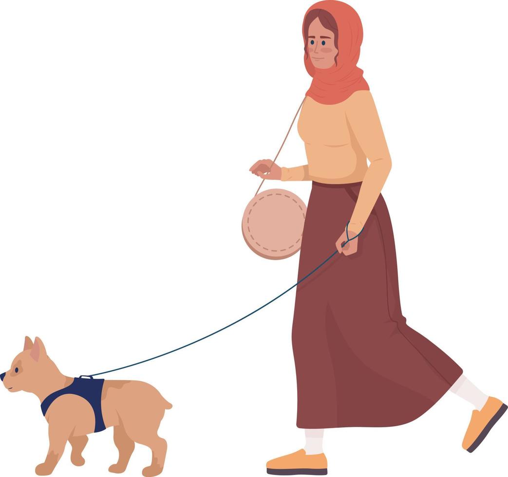 Happy young woman walking dog on leash semi flat color vector character. Editable figure. Full body person on white. Simple cartoon style illustration for web graphic design and animation