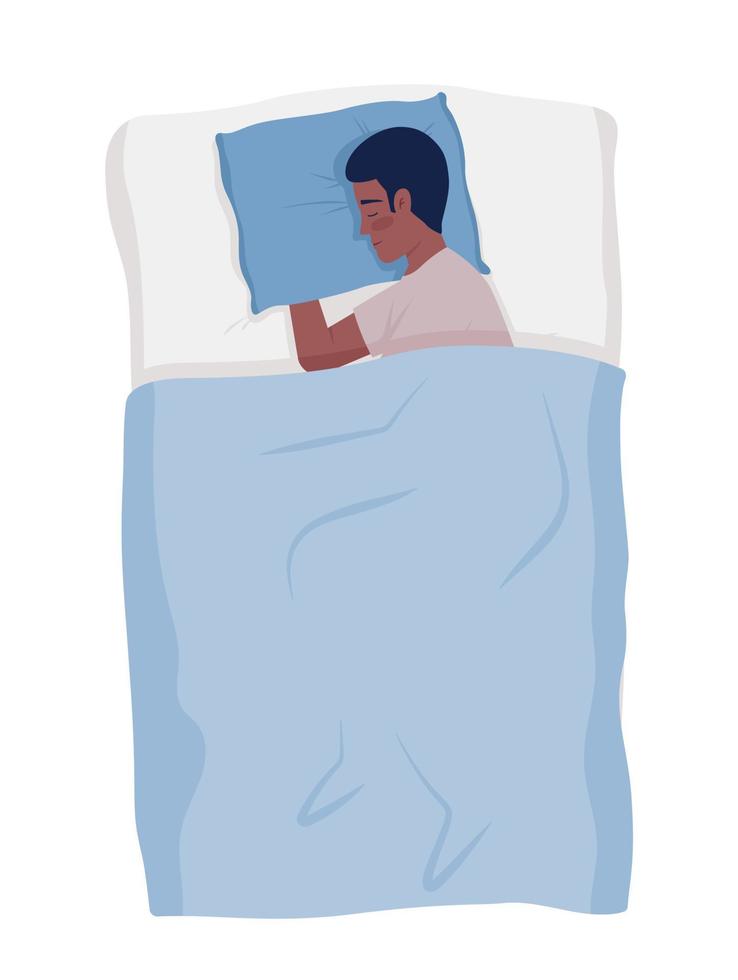 Young man sleeping on side comfortably semi flat color vector character. Editable figure. Full body person on white. Simple cartoon style illustration for web graphic design and animation