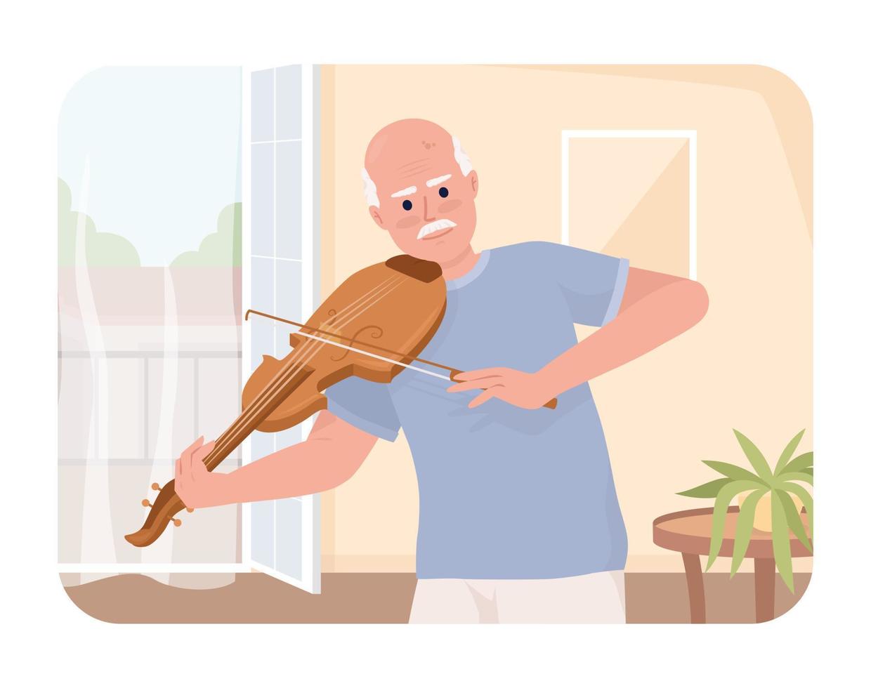 Senior citizen learning musical instrument 2D vector isolated illustration. Elderly man playing violin flat character on cartoon background. Colorful editable scene for mobile, website, presentation