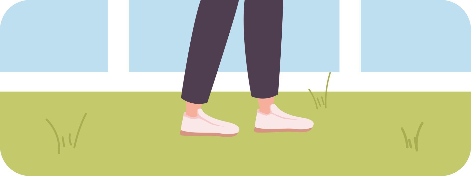 caminando pies en zapatillas en césped plano concepto vector ilustración. destello mensaje con plano 2d personaje en dibujos animados aislado antecedentes. vistoso editable imagen para móvil, sitio web ux diseño