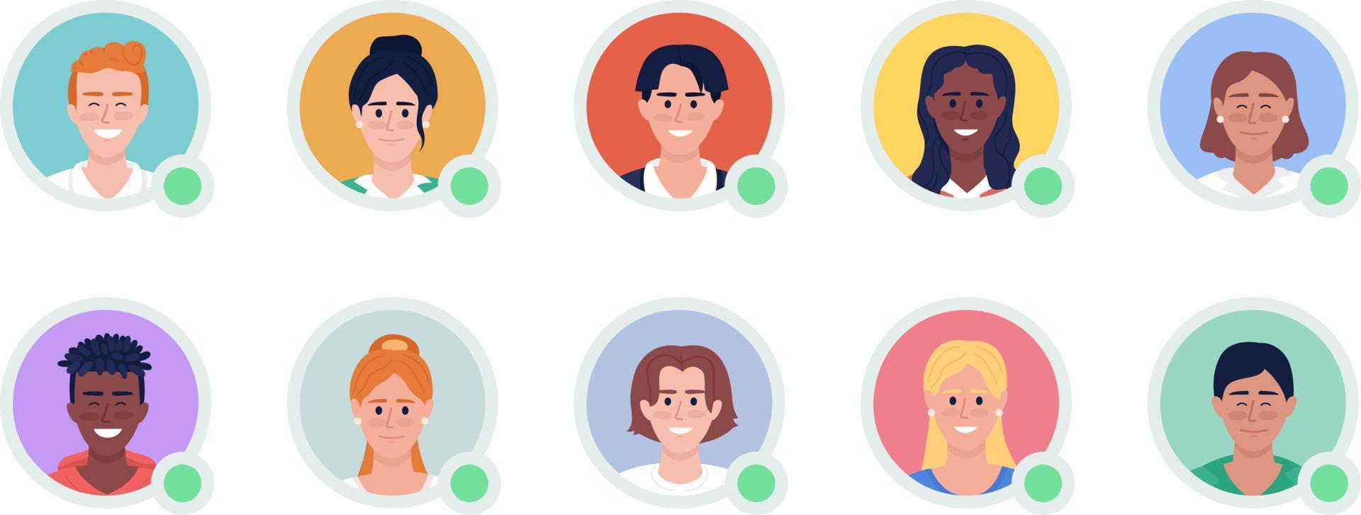 sonriente hembra y masculino plano vector avatar íconos con verde puntos manojo. editable defecto personas para ux, ui diseño. vistoso perfil imágenes colección para sitio web, móvil, mensajería aplicación