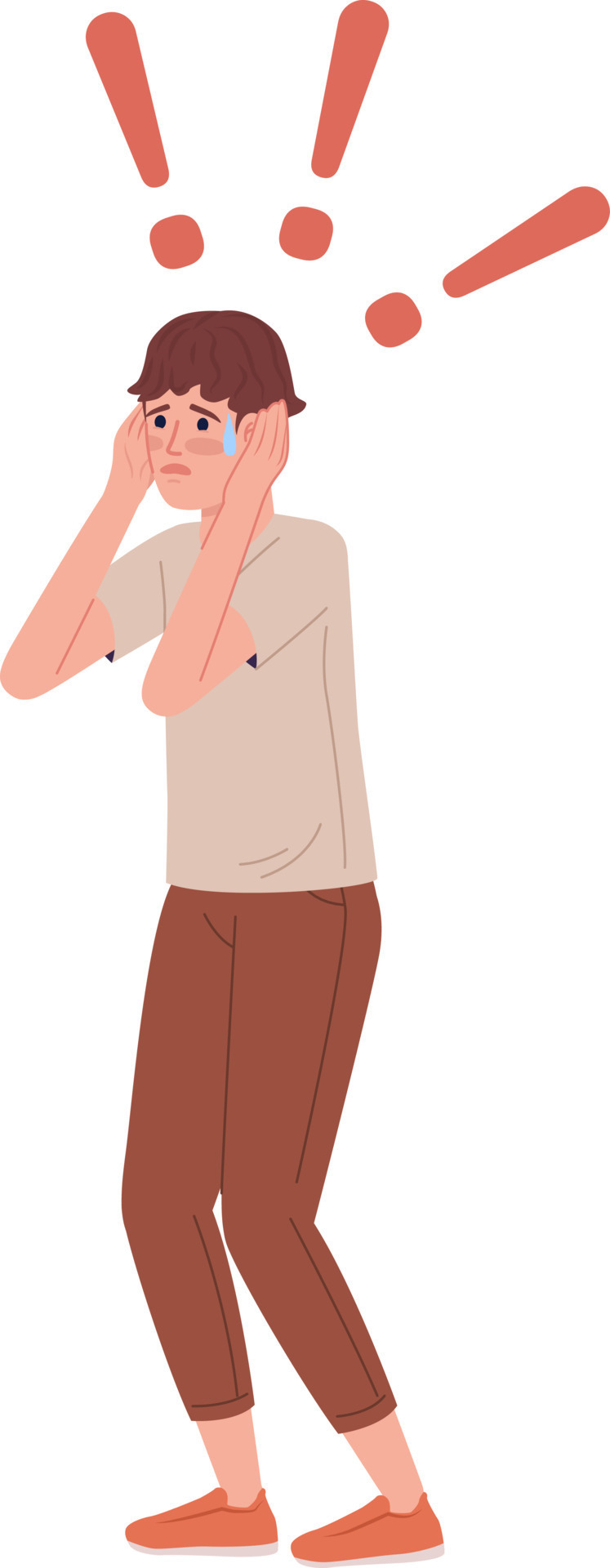 Emotional worried boy holding head in hands semi flat color vector