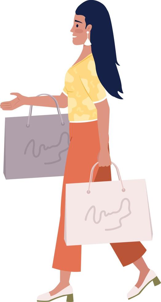 Excited stylish lady with shopping packages semi flat color vector character. Editable figure. Full body person on white. Simple cartoon style illustration for web graphic design and animation