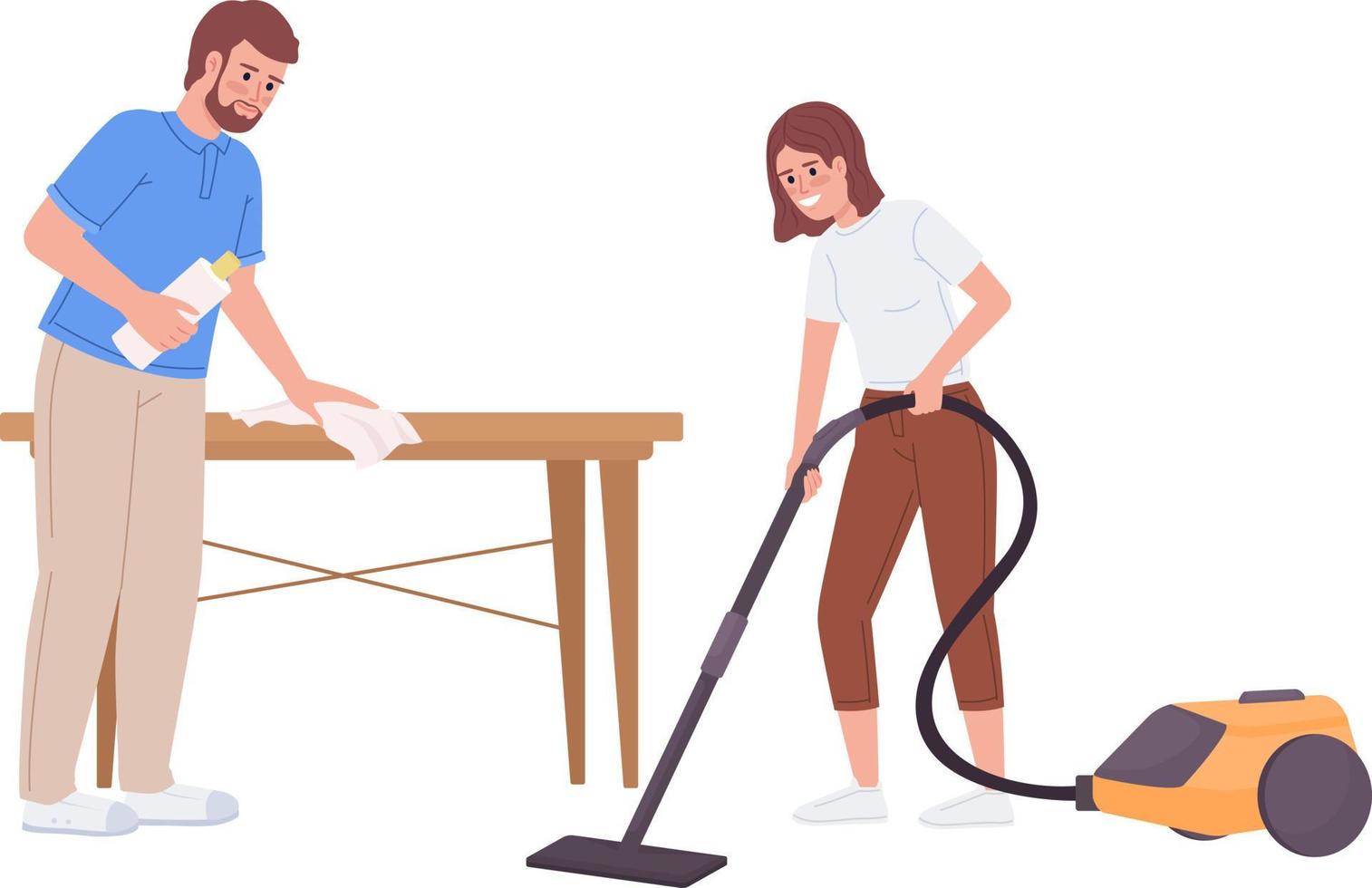 Father and daughter doing housework together semi flat color vector characters. Editable figures. Full body people on white. Simple cartoon style illustration for web graphic design and animation