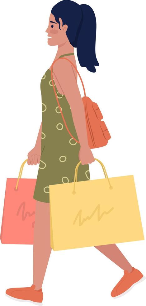 Happy teen girl walking with packages after shopping flat color vector character. Editable figure. Full body person on white. Simple cartoon style illustration for web graphic design and animation