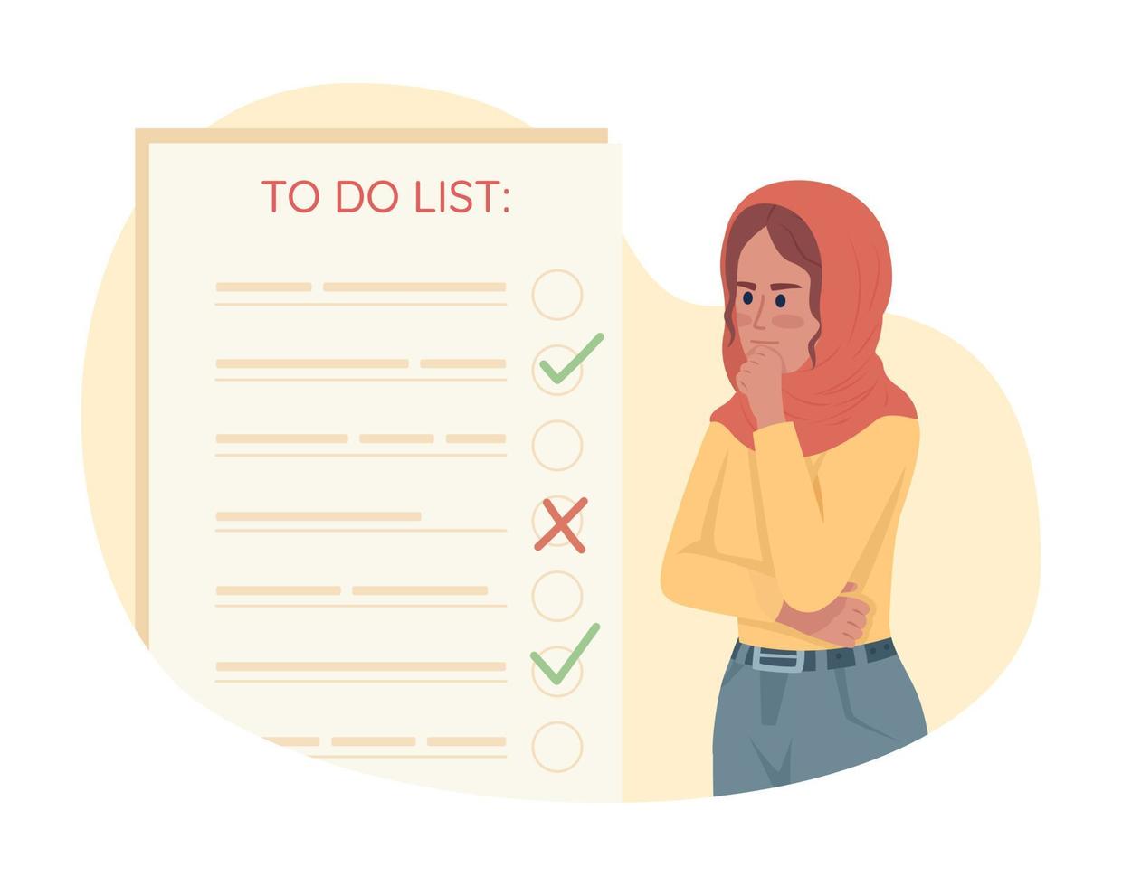 Creating checklist flat concept vector illustration. Editable 2D cartoon character on white for web design. Woman in pensive mood creative idea for website, mobile