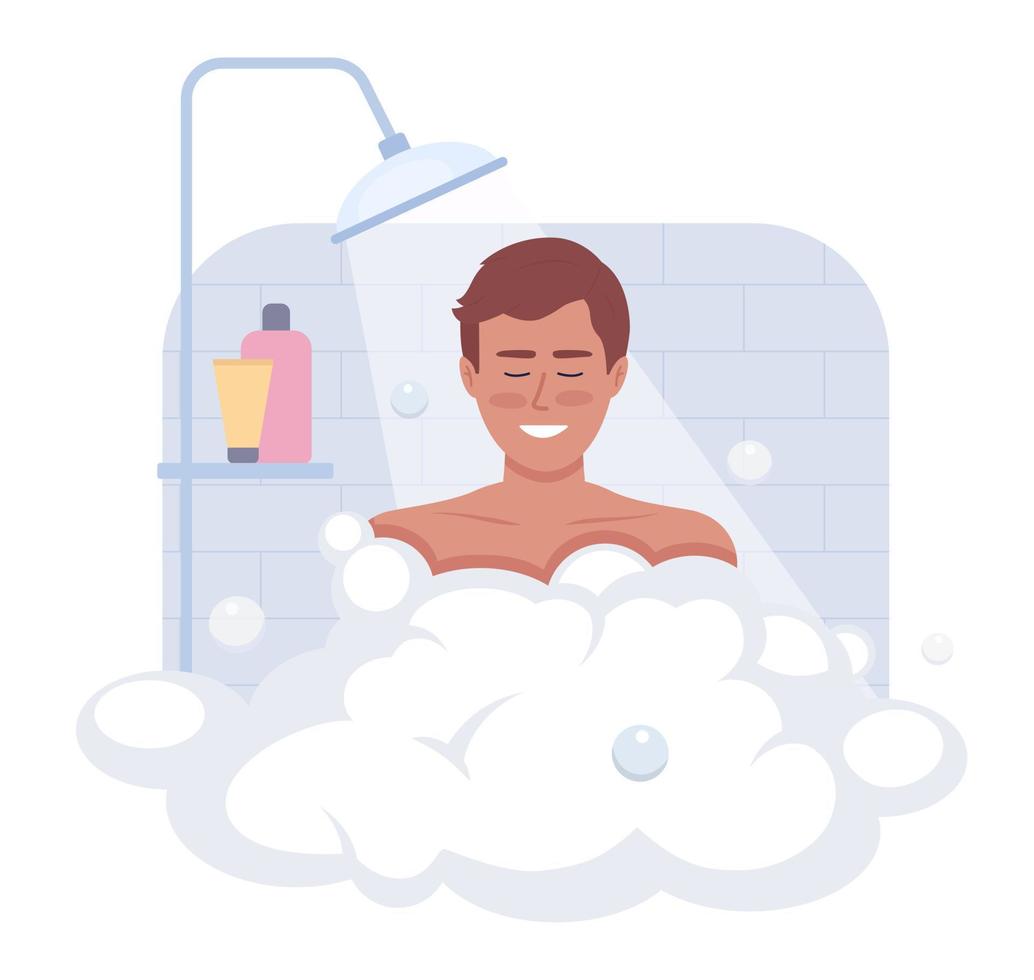 Shower in morning 2D vector isolated illustration. Pleased man enjoying warm water with soap foam flat character on cartoon background. Colorful editable scene for mobile, website, presentation