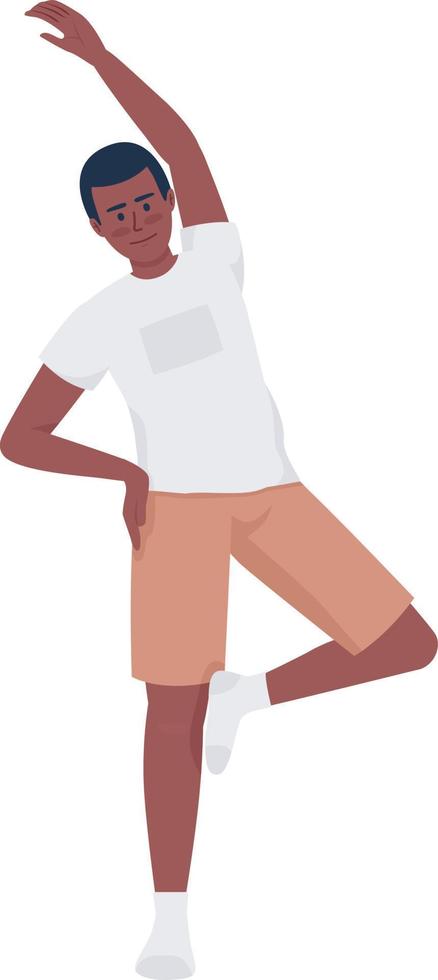 Young man stretching arm and standing on one leg semi flat color vector character. Editable figure. Full body person on white. Simple cartoon style illustration for web graphic design and animation