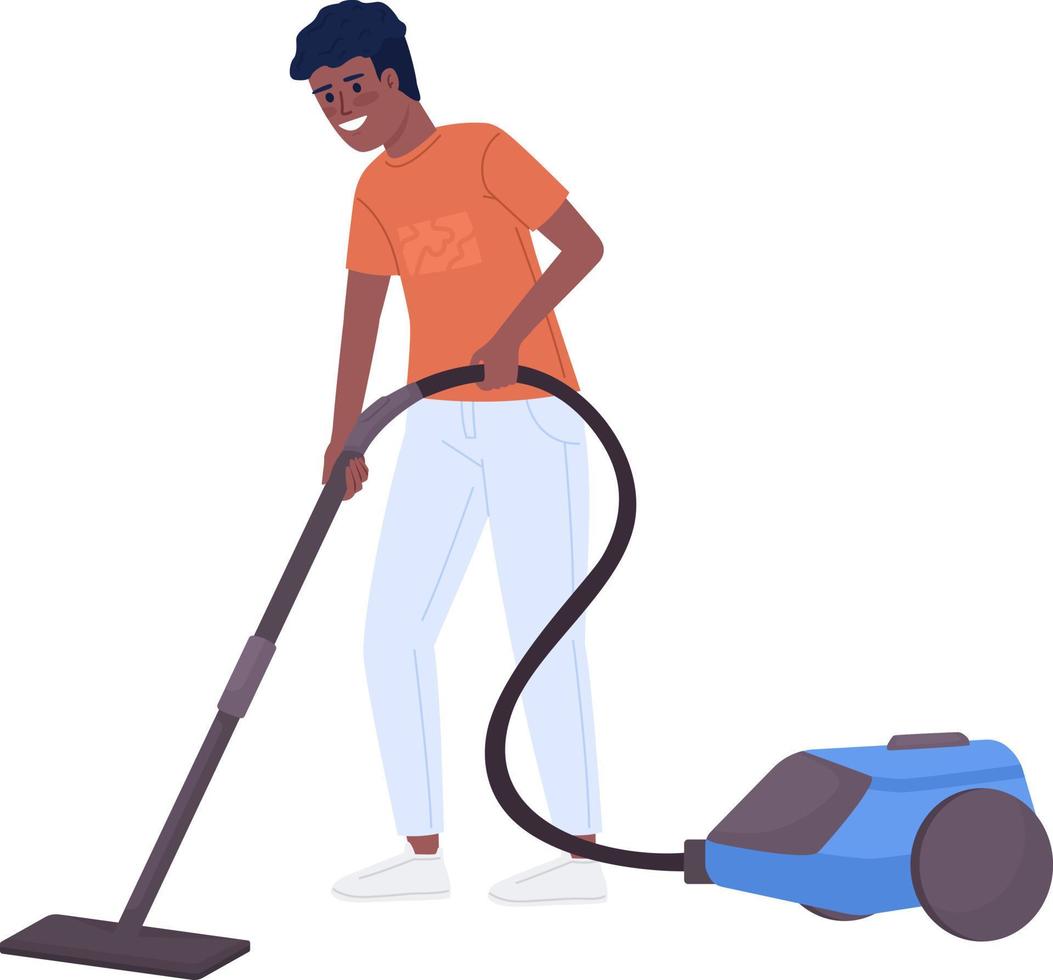 Smiling teenage boy vacuuming at home semi flat color vector character. Housework. Editable figure. Full body person on white. Simple cartoon style illustration for web graphic design and animation