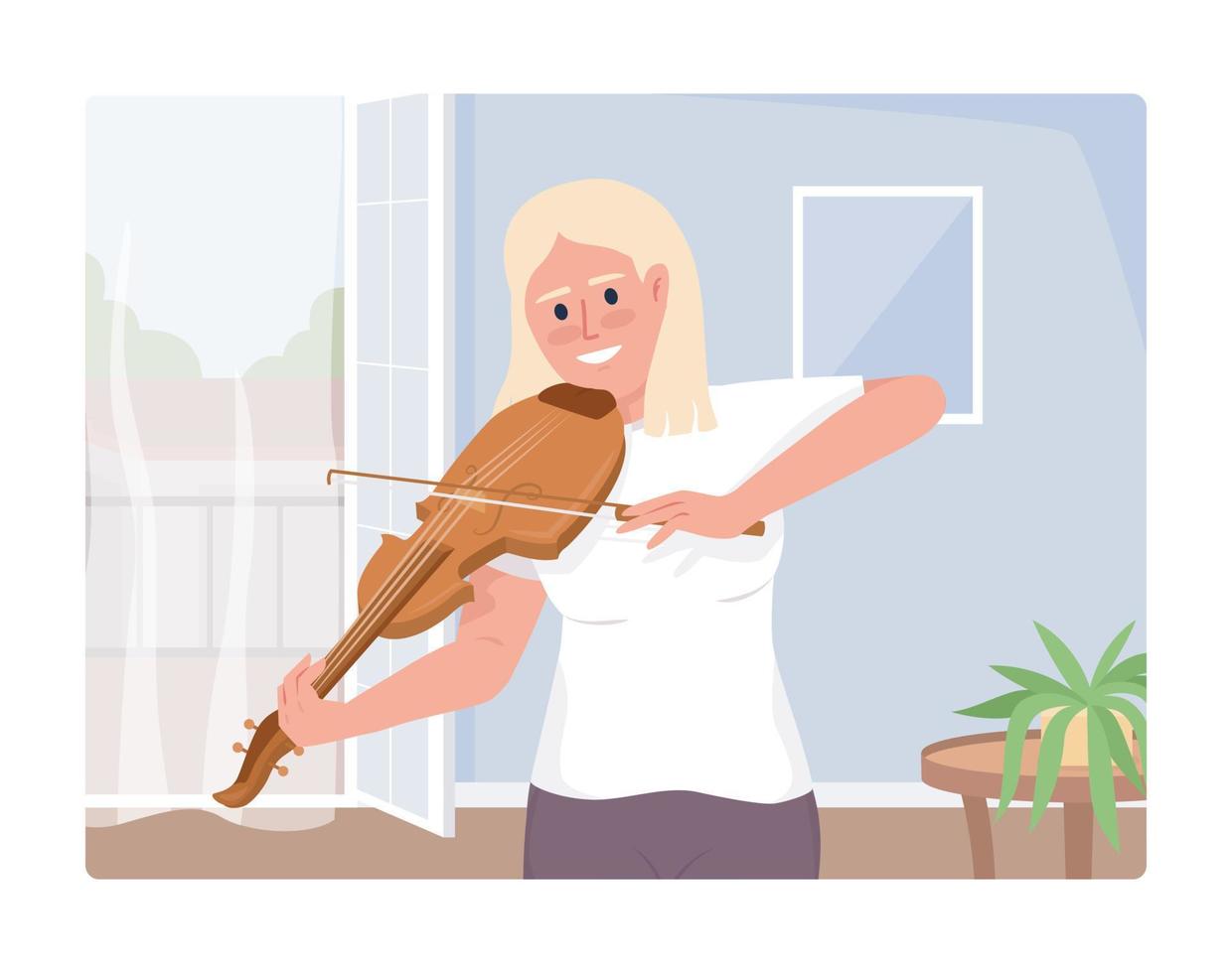 Violin lessons hobby 2D vector isolated illustration. Excited blond woman playing instrument with bow flat character on cartoon background. Colorful editable scene for mobile, website, presentation