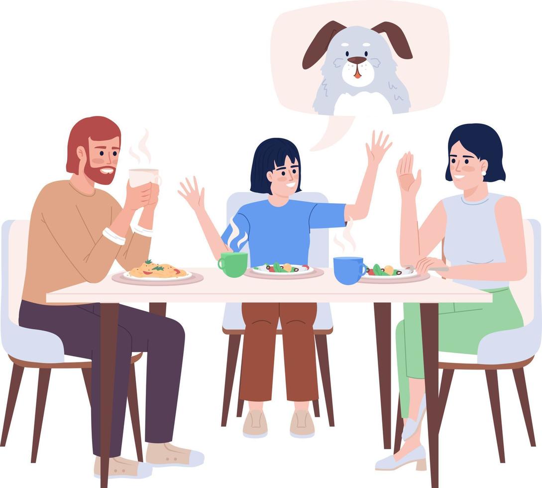 Excited girl convincing parents to adopt dog semi flat color vector characters. Editable figures. Full body people on white. Simple cartoon style illustration for web graphic design and animation