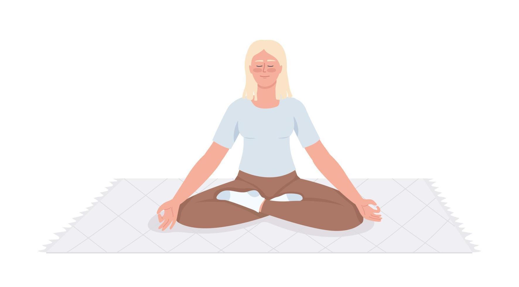 rubio joven mujer meditando en alfombra semi plano color vector personaje. editable cifra. lleno cuerpo persona en blanco. sencillo dibujos animados estilo ilustración para web gráfico diseño y animación