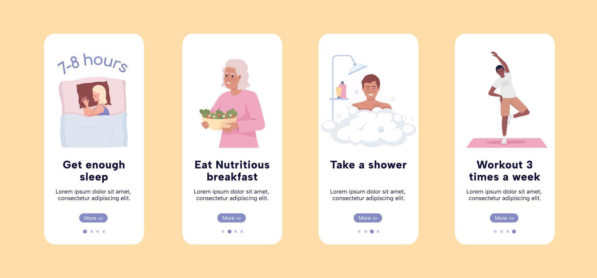 Effective morning routine onboarding mobile app screen flat template. Walkthrough website 4 steps with characters. Editable habits UX, UI, GUI smartphone cartoon interfaces vector