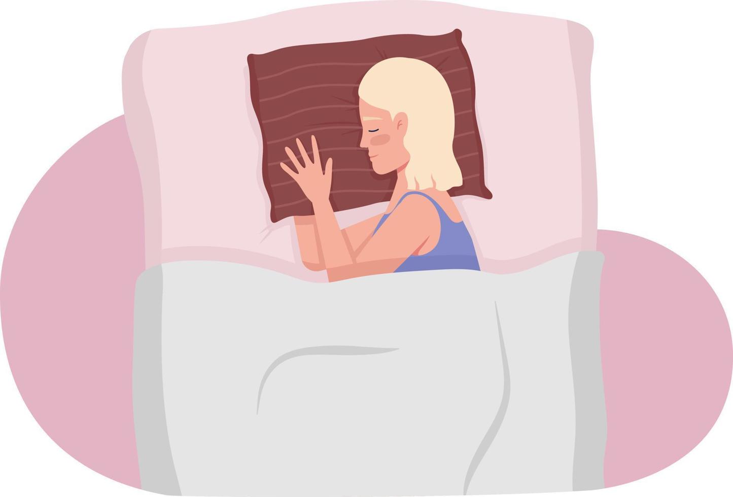 Young woman cuddling striped pillow while sleeping semi flat color vector character. Editable figure. Half body person on white. Simple cartoon style illustration for web graphic design and animation