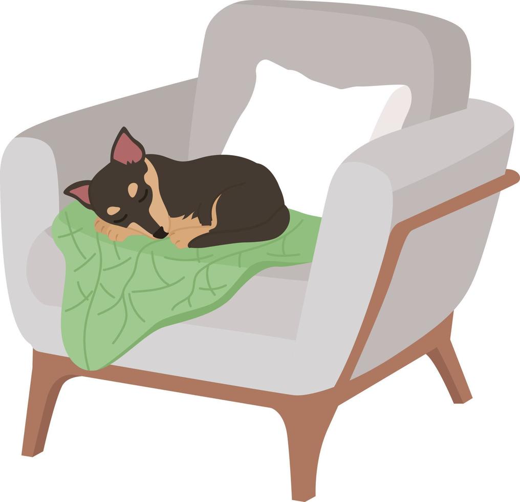 Adorable small dog sleeping in comfortable armchair semi flat color vector character. Editable full body animal on white. Simple cartoon style illustration for web graphic design and animation