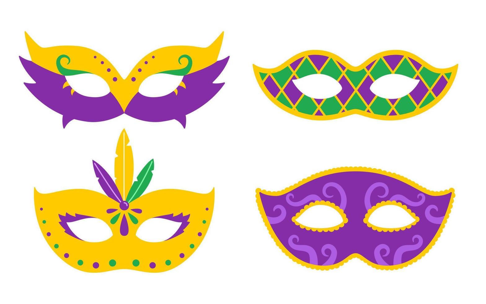 Vector Mardi Gras set with carnival masks. Mardi Gras mask collection. Design for fat tuesday carnival and festival. Colorful masquerade illustration.