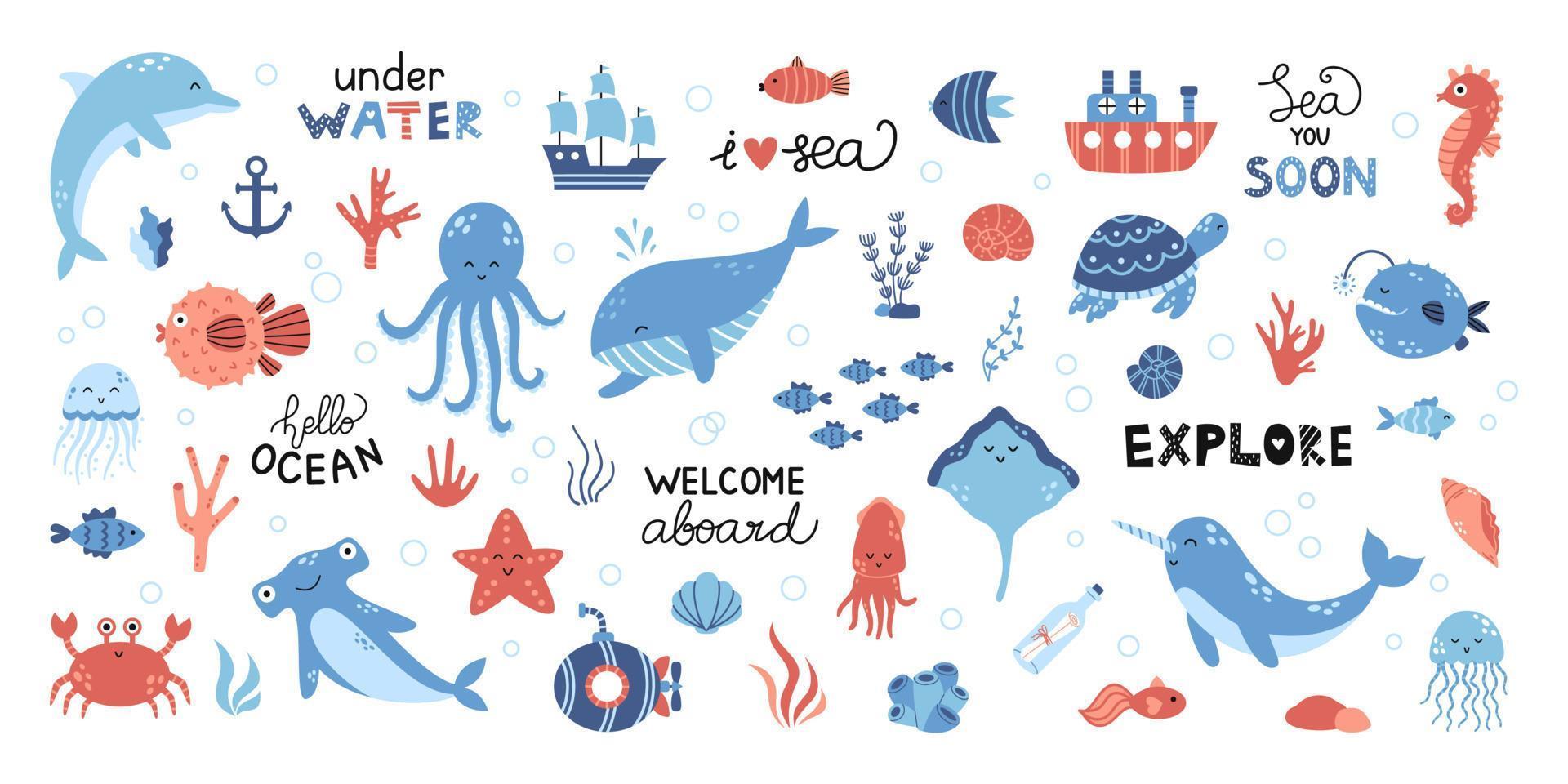 Vector cute set with sea animals, boats and lettering. Marine collection with whale, dolphin, octopus, narwhal, submarine and ships. Shells and algae. Inhabitants of the sea world in flat design.