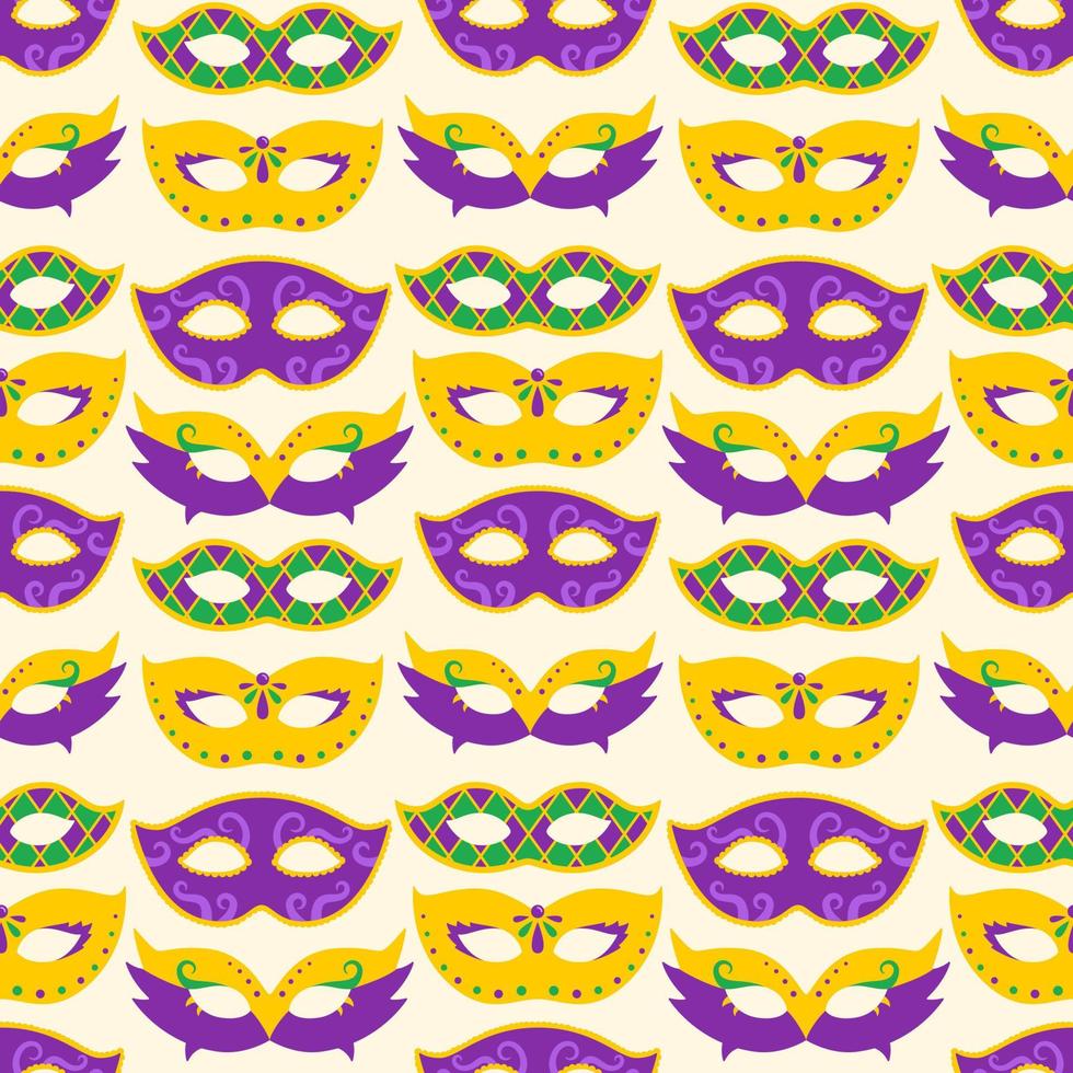 Vector Mardi Gras seamless pattern with carnival masks. Mardi Gras masks on yellow background. Design for fat tuesday carnival and festival. Colorful pattern.