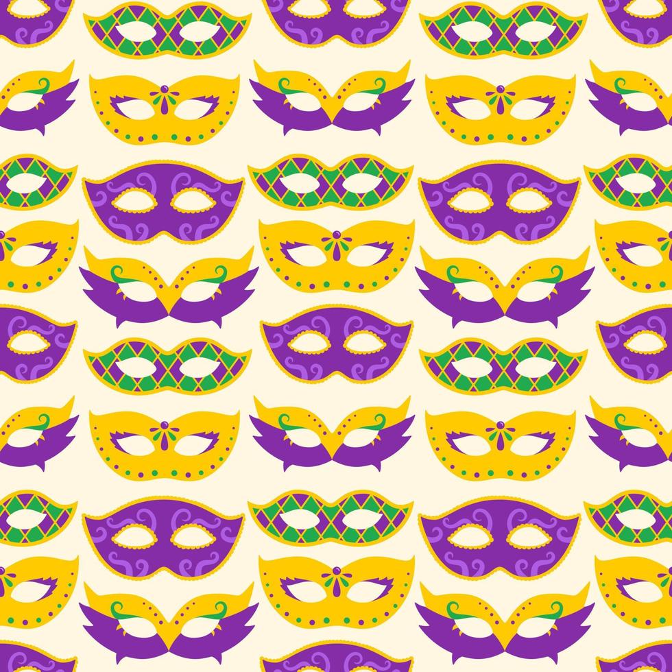 Vector Mardi Gras seamless pattern with carnival masks. Mardi Gras masks on yellow background. Design for fat tuesday carnival and festival. Colorful pattern.