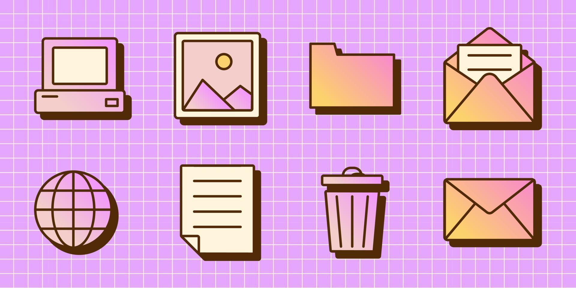 Vector y2k set of computer gradient icons. Retro icons in pink, purple and yellow color. Nostalgic OS.