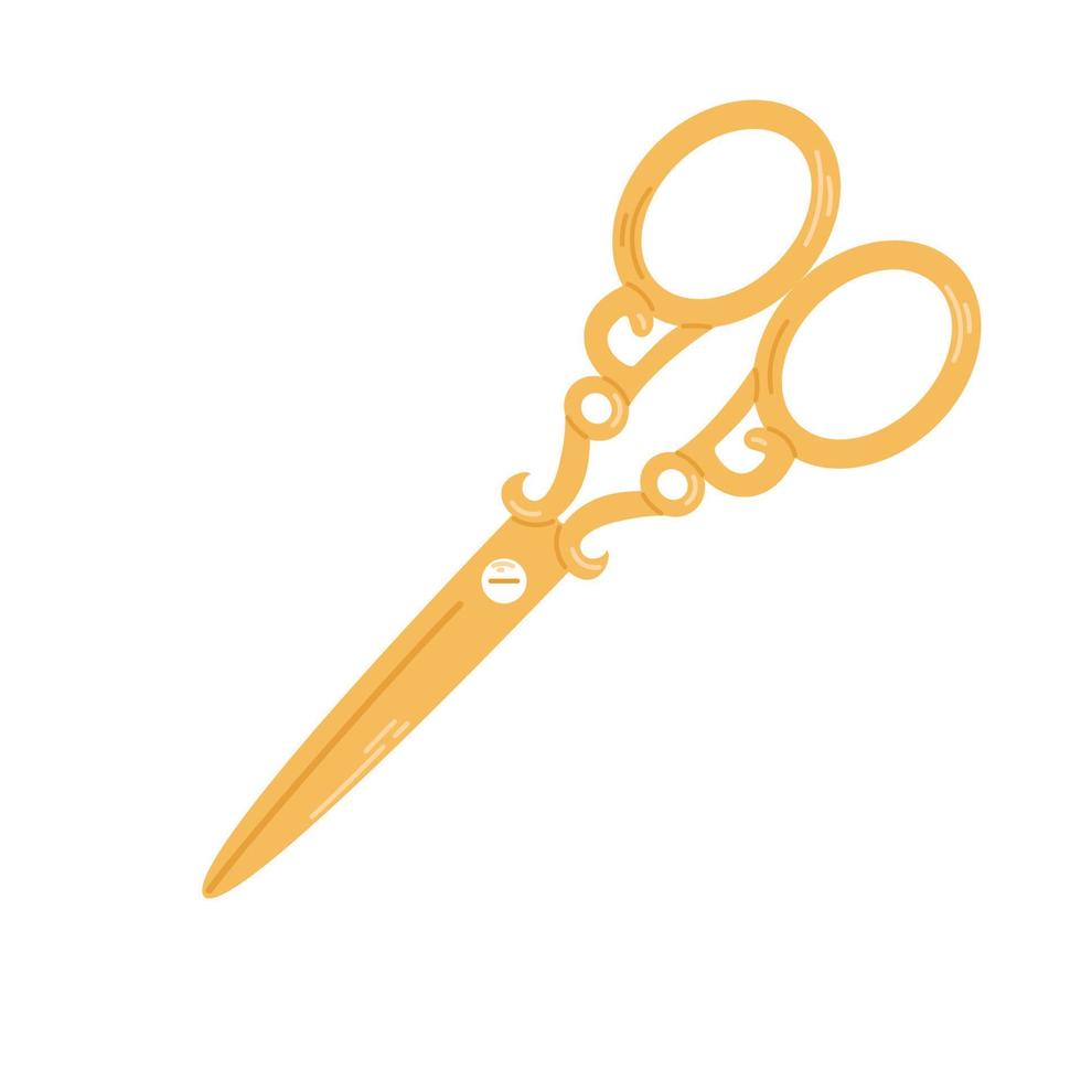 Vector gold ornate scissors. Professional tool. Sewing or hairdressing. Cutting sharp instrument.