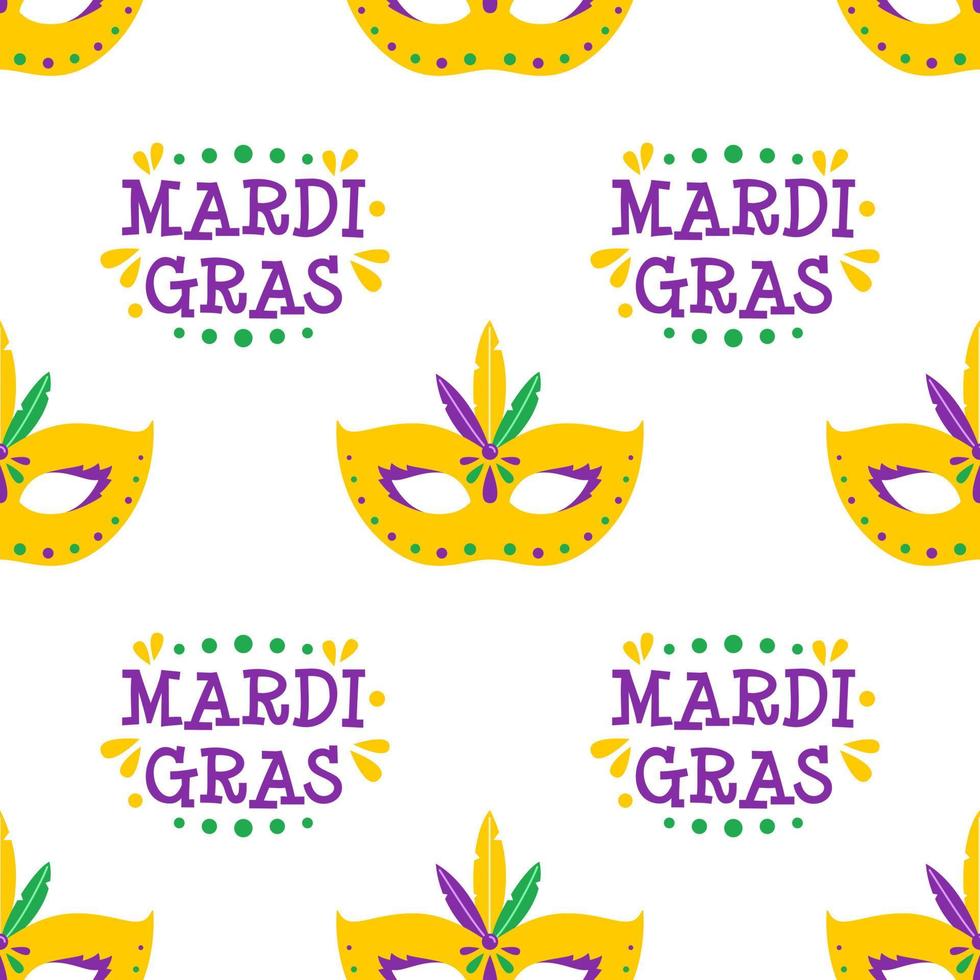 Vector Mardi Gras seamless pattern with carnival masks with feathers and text. Mardi Gras masks and phrase. Design for fat tuesday carnival and festival. Colorful background.