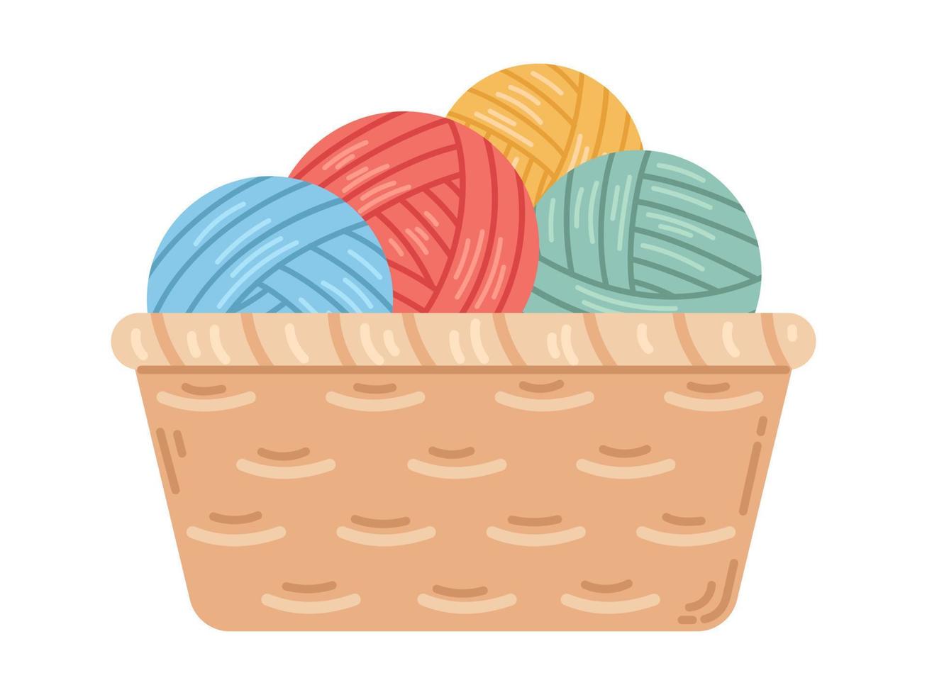 Vector wicker basket with wool yarn balls for knitting. Cozy crafting hobby.