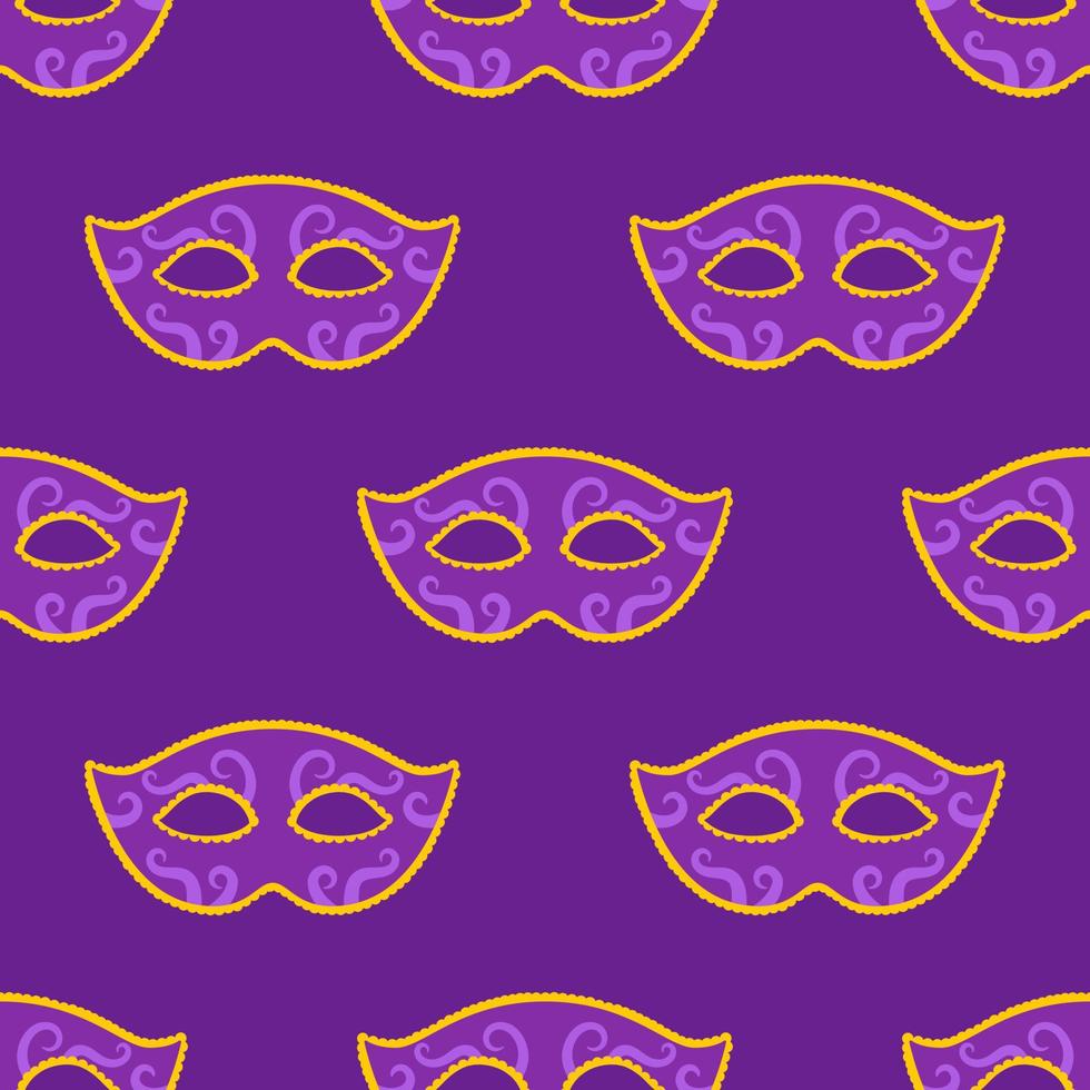 Vector Mardi Gras seamless pattern with purple carnival masks. Carnival masks on purple background. Design for fat tuesday carnival and festival. Colorful pattern.