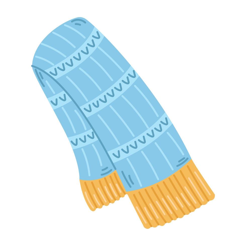 Vector cozy blue and yellow scarf with ornaments. Knitted warm clothes. Craft hobby.