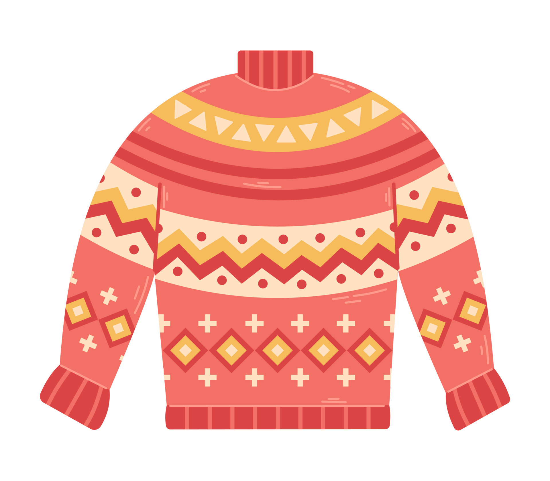 Vector cozy red sweater with ornaments. Knitted warm clothes. Wool