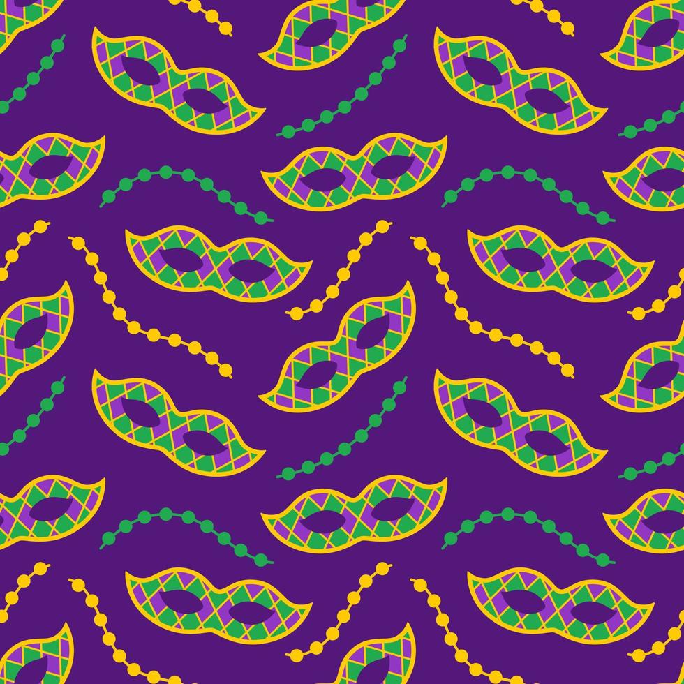 Vector Mardi Gras seamless pattern with carnival masks and beads. Carnival masks and garlands on dark purple background. Design for fat tuesday holiday, carnival and festival. Colorful pattern.