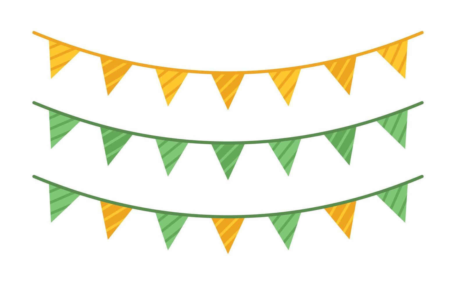 Vector St Patricks day set with green and yellow bunting. Collection for celebrating St Patricks day. Striped triangular flag garlands in flat design.