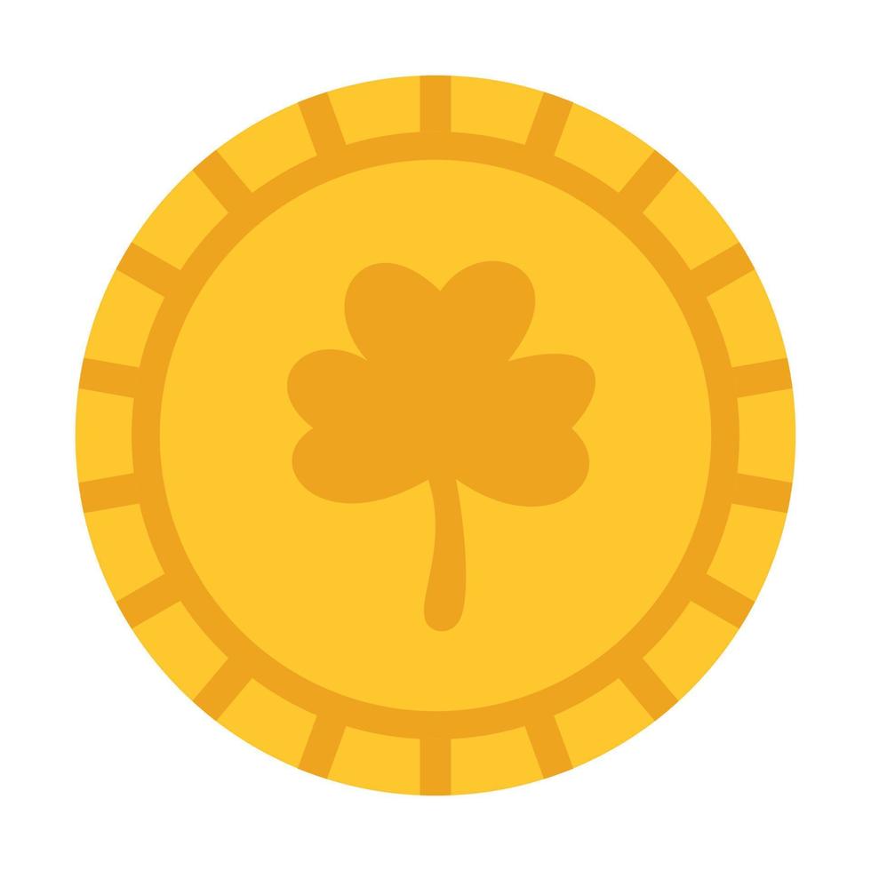 Vector gold coin with clover leaf. Clipart for celebrating St Patricks day. Money and wealth. St Patricks day yellow three leaf clover coin in flat design.