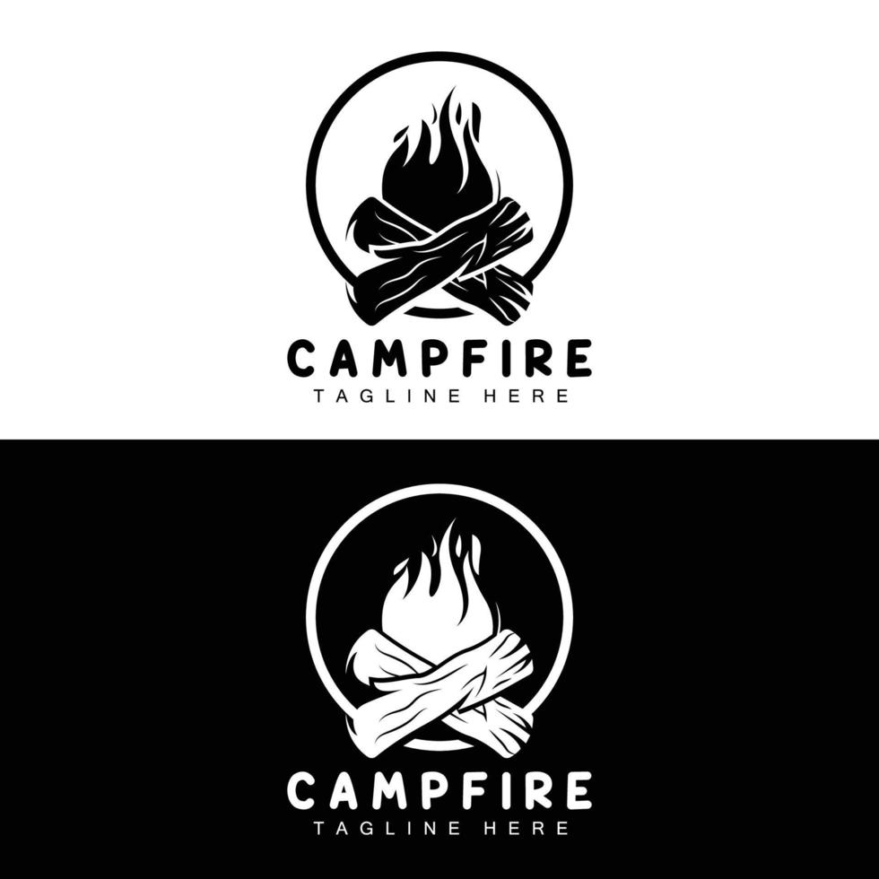 diseño de logotipo de fogata, vector de camping, fuego de madera y diseño forestal