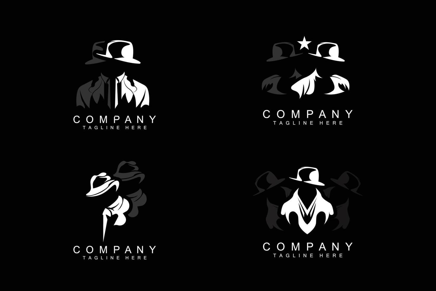 diseño de logotipo de hombre detective, esmoquin de moda de detective de la mafia y vector de ilustración de sombrero, icono de hombre de negocios negro